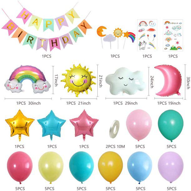 contents of rainbow cloud happy birthday bunting cake toppers and foil and latex balloons