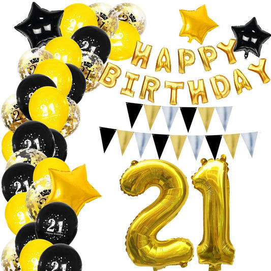 21st birthday black and gold latex and foil balloons 21 with stars and happy birthday