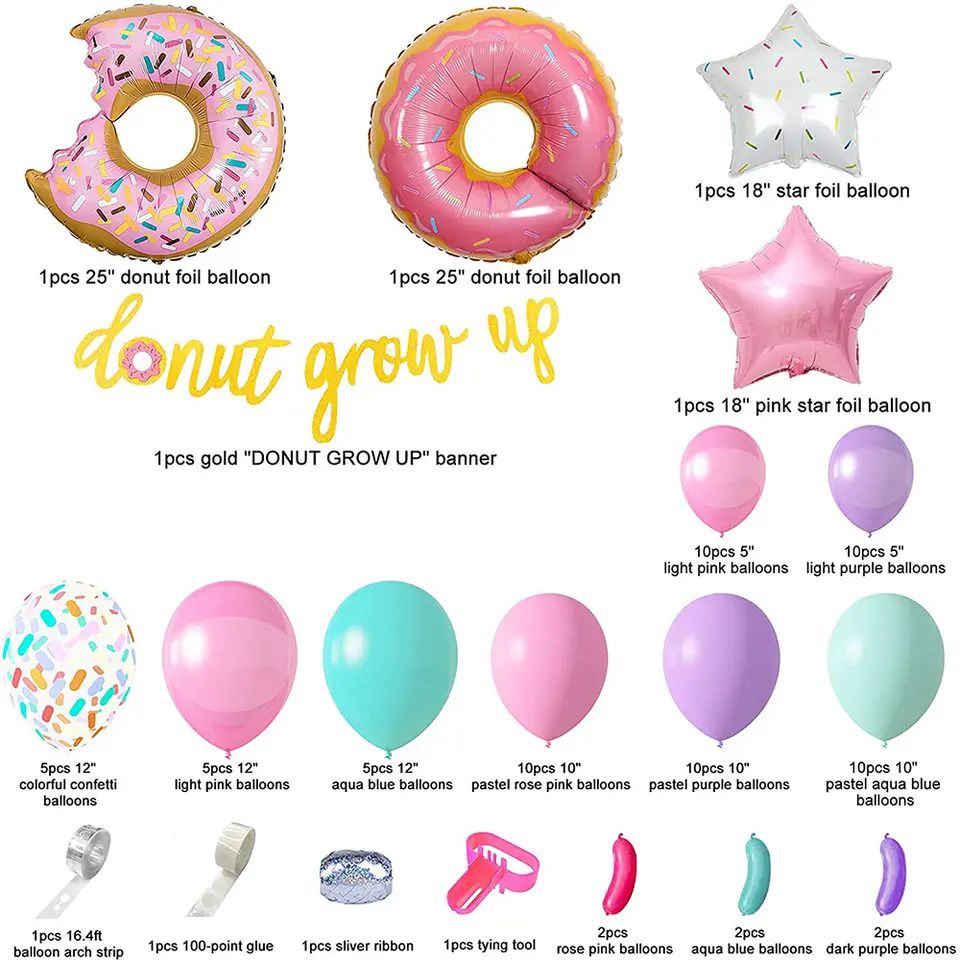 contents of donut grow up foil donut balloons with foil stars bunting and tying tools and balloon strip 