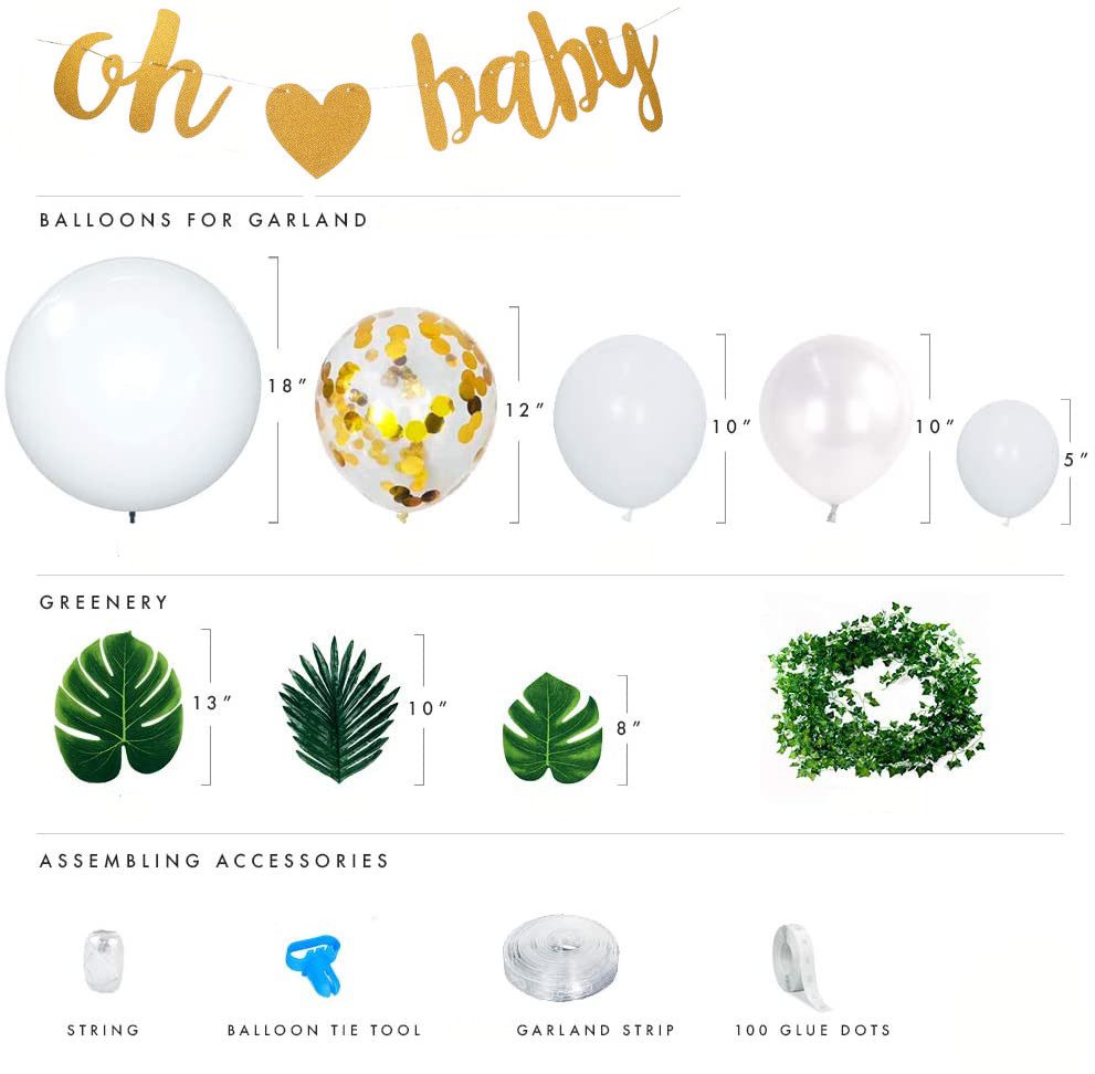 contents of oh baby green white and gold balloons with leave string and tying tools 