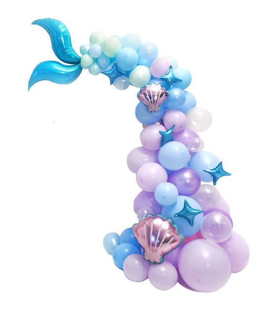 Mermaid pastel balloon arch blue purple and pink on white background 