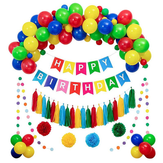 rainbow happy birthday balloon arch kit with balloons tassels and pom poms