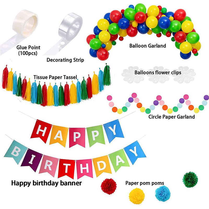 more contents of rainbow happy birthday arch with tassels bunting pompoms and balloon clips