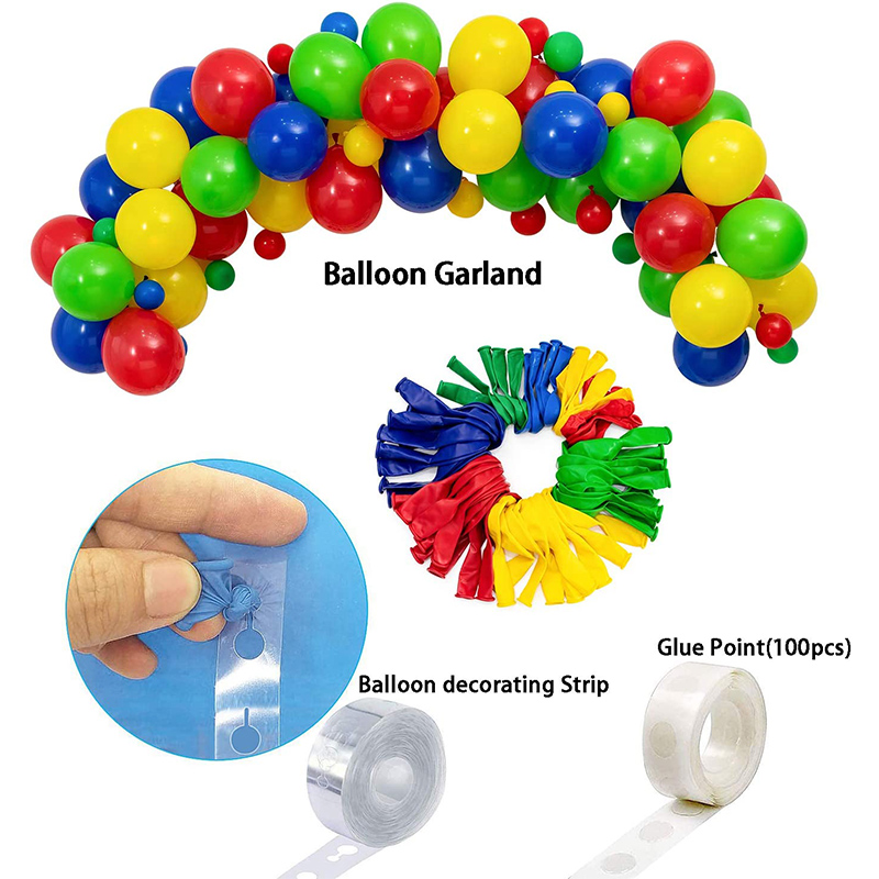 contents of rainbow happy birthday balloon arch with decorating strip and glue dots