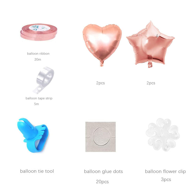 party kit contents of rose gold hearts balloon arch with foil balloons glue dots flower clip tying tool and ribbons