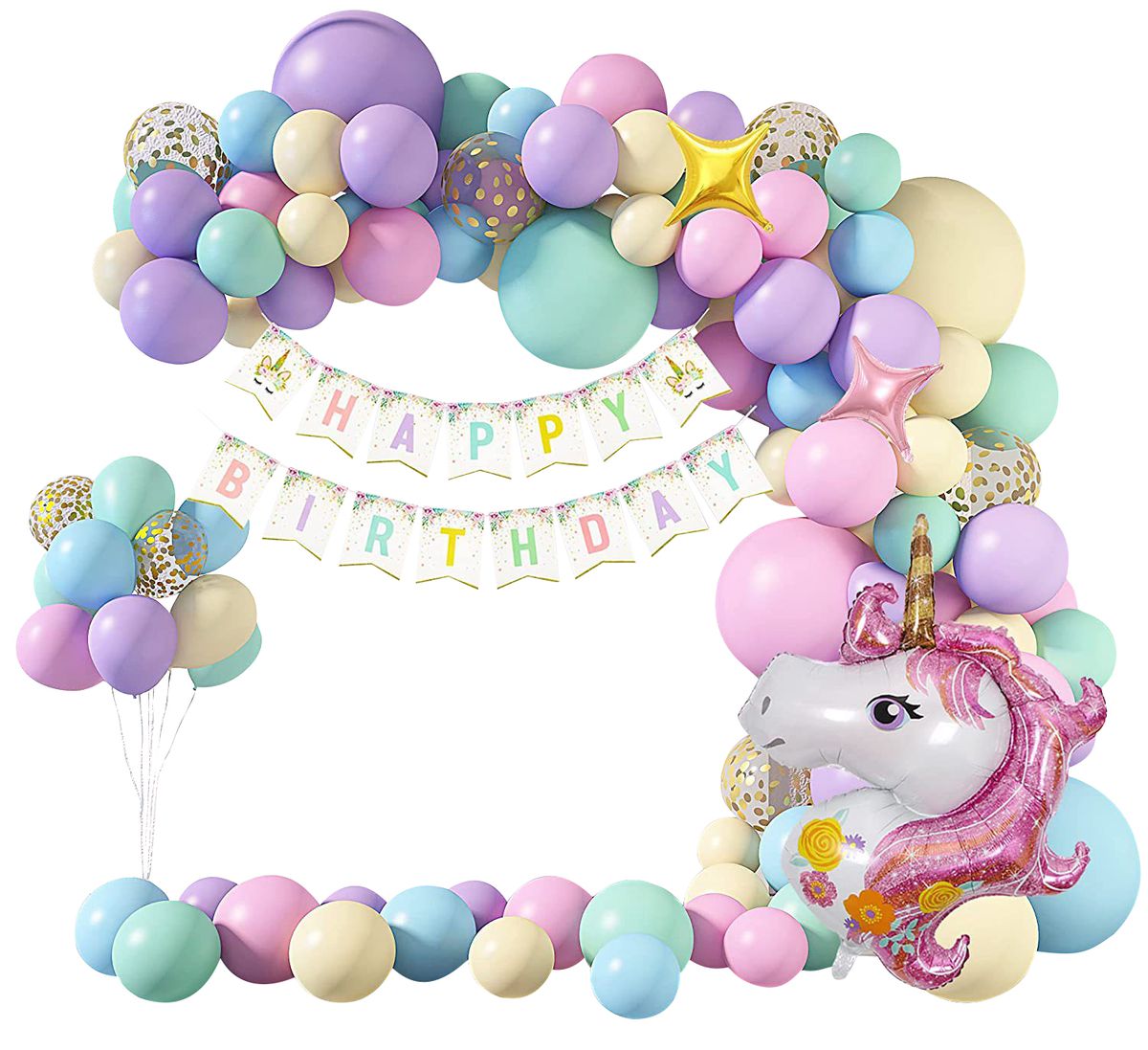 shimmer and confetti unicorn happy birthday arch on white background party idea