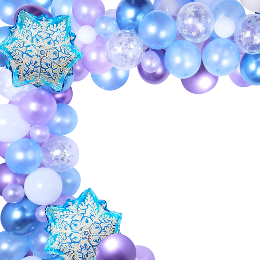 snowy winter theme balloon arch purple blue and white on white background 