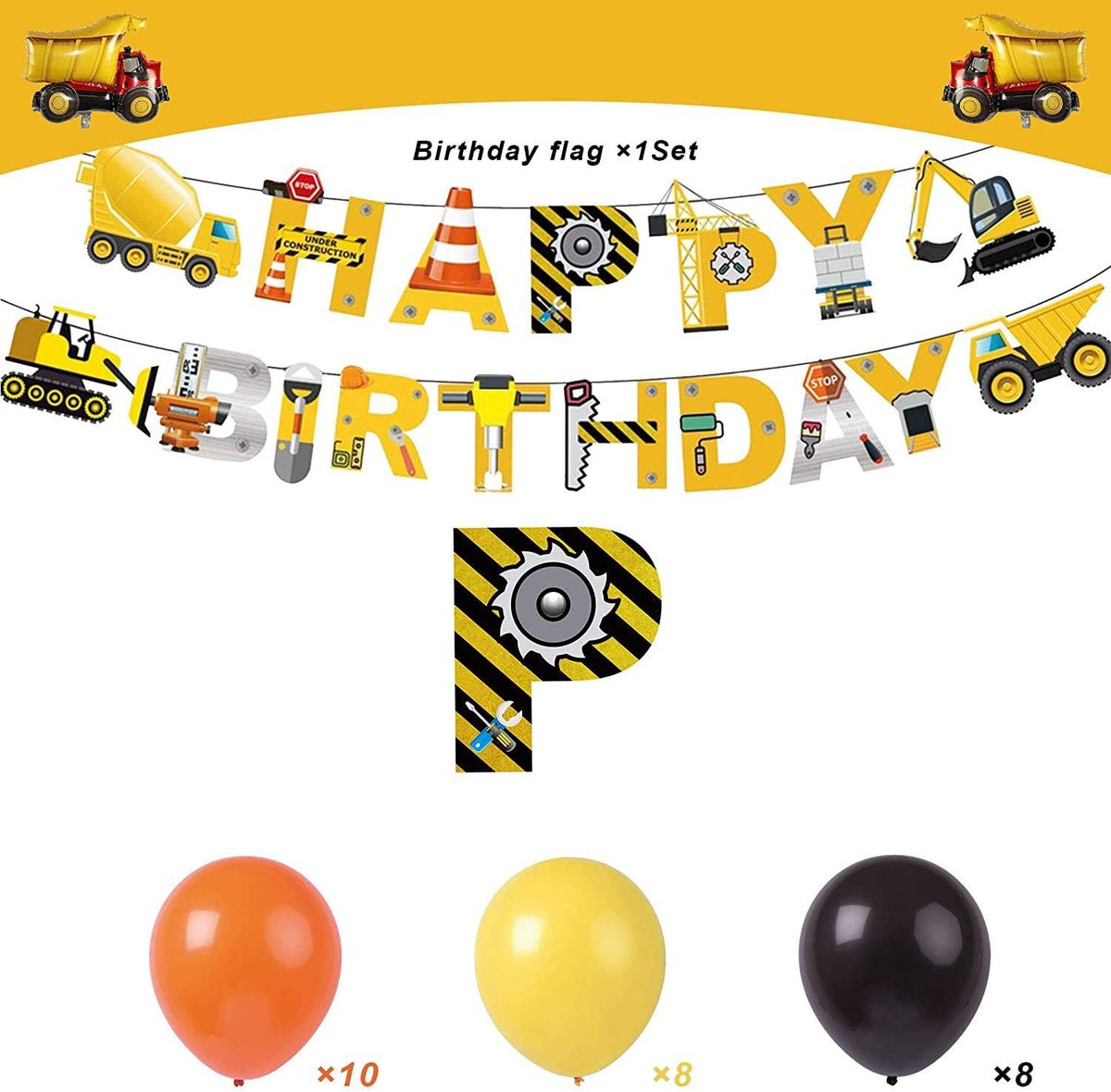 Happy Birthday  construction Bunting with balloons orange yellow and black