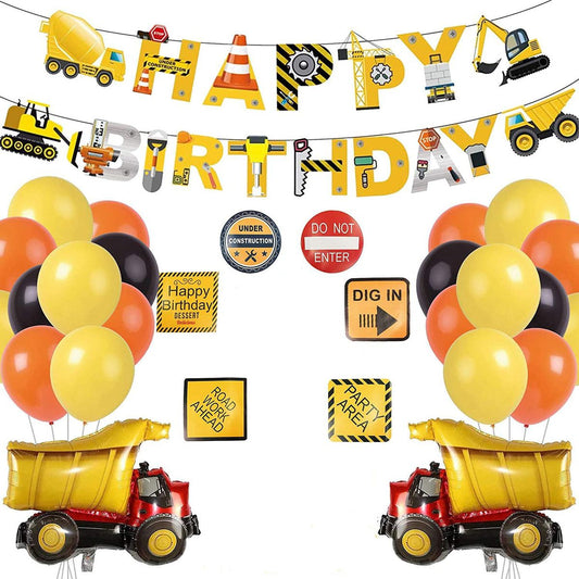 compete party set with latex and foil balloons with happy birthday construction bunting