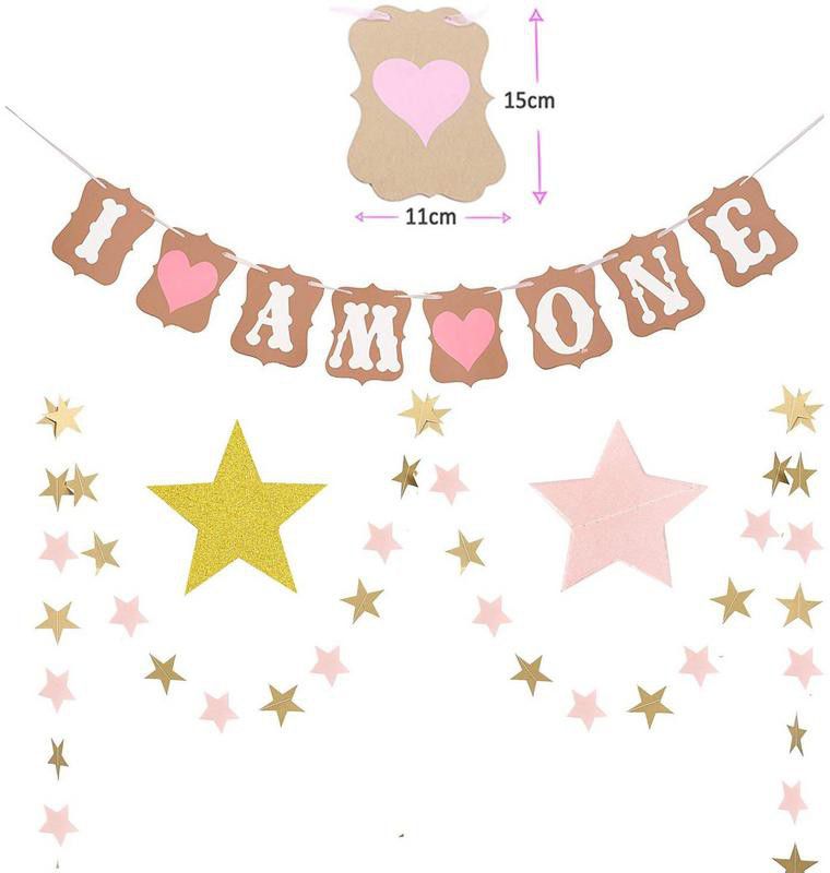 i am one bunting and starts display banner gold and pink 