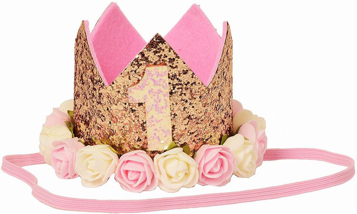 i am one pink birthday crown with flowers and glitter