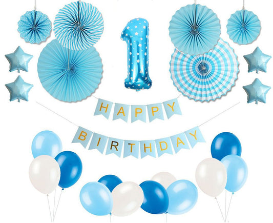 first birthday blue and white balloons with happy birthday bunting and paper fans and foil balloons