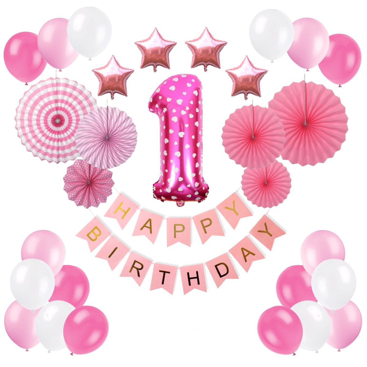 first birthday balloons and bunting with paper fans 
