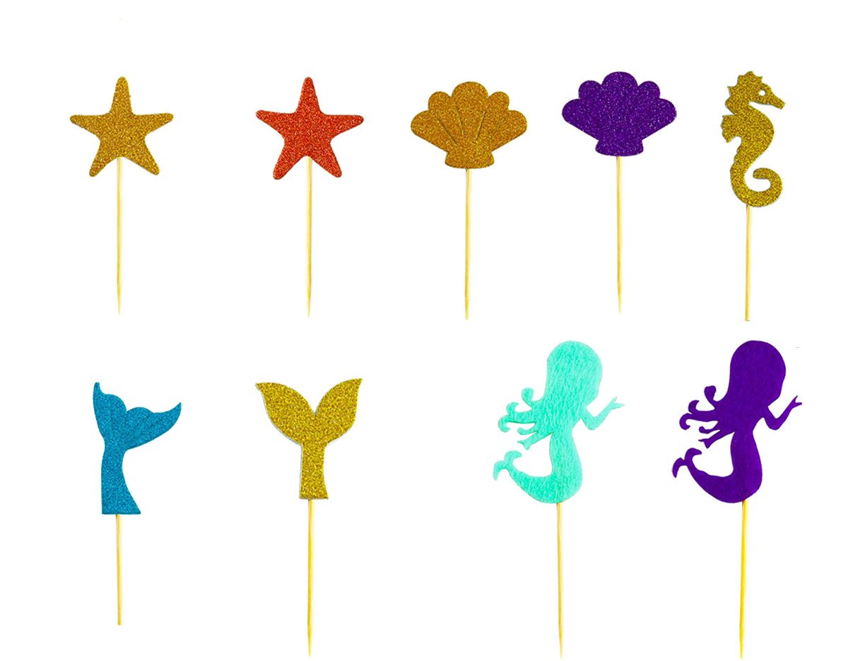 mermaid cake toppers blue gold red and purple 