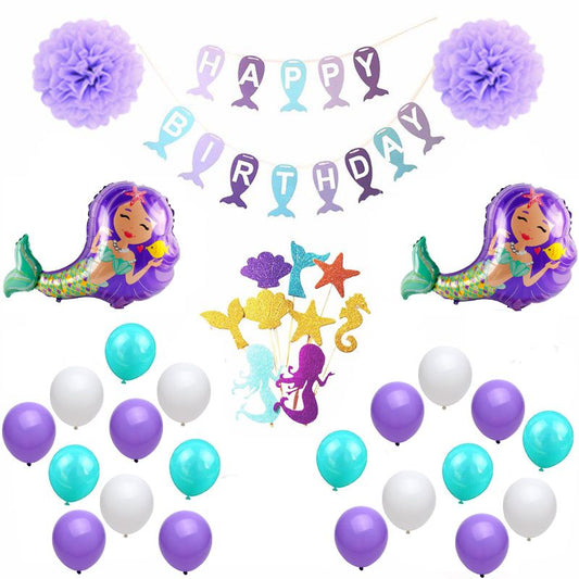 mermaid happy birthday bunting with pompoms and foil balloons and cake toppers 