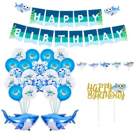 shark birthday party with foil and latex balloons and happy birthday bunting