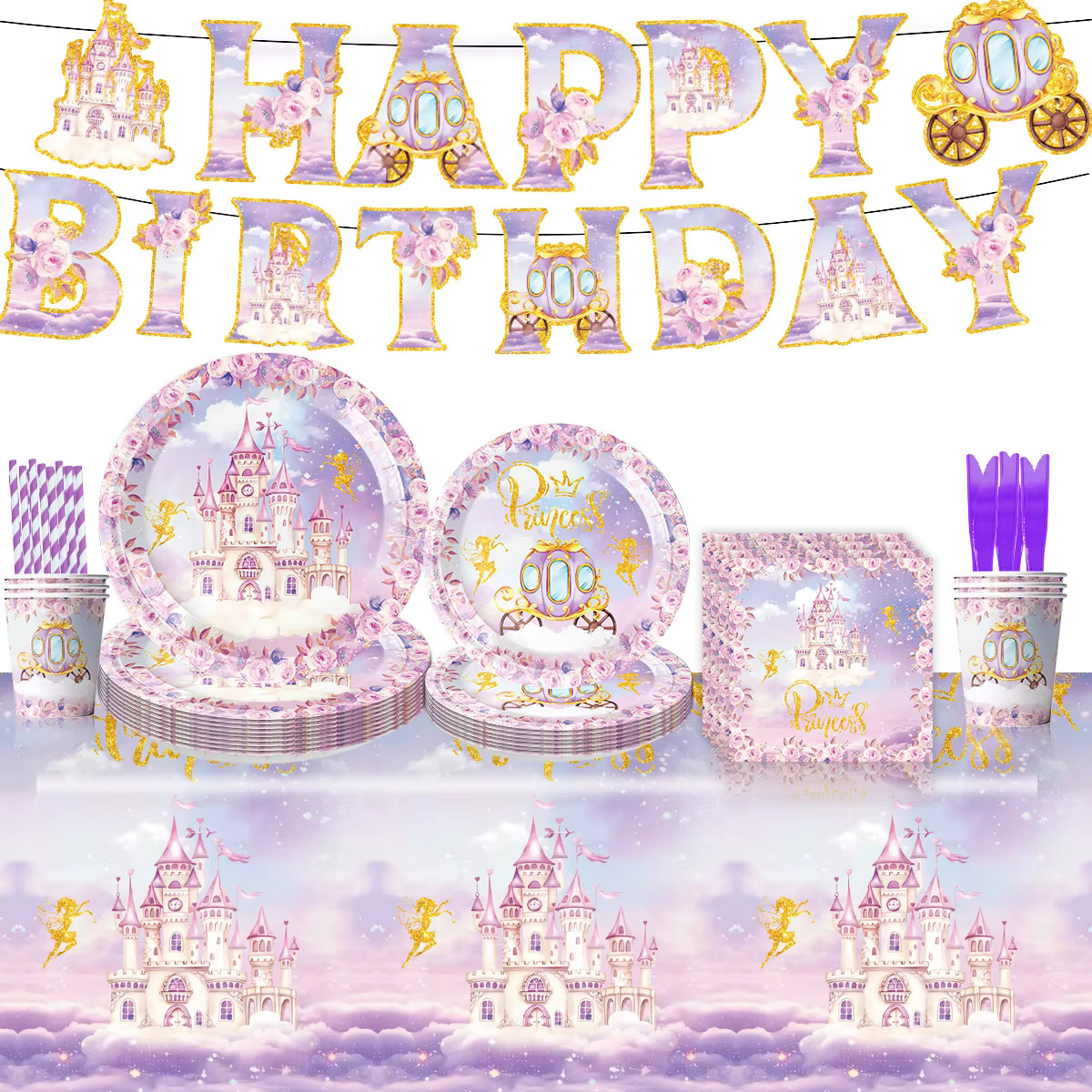 Birthday Party Table setting DIY Decoration Set - Purple Princess