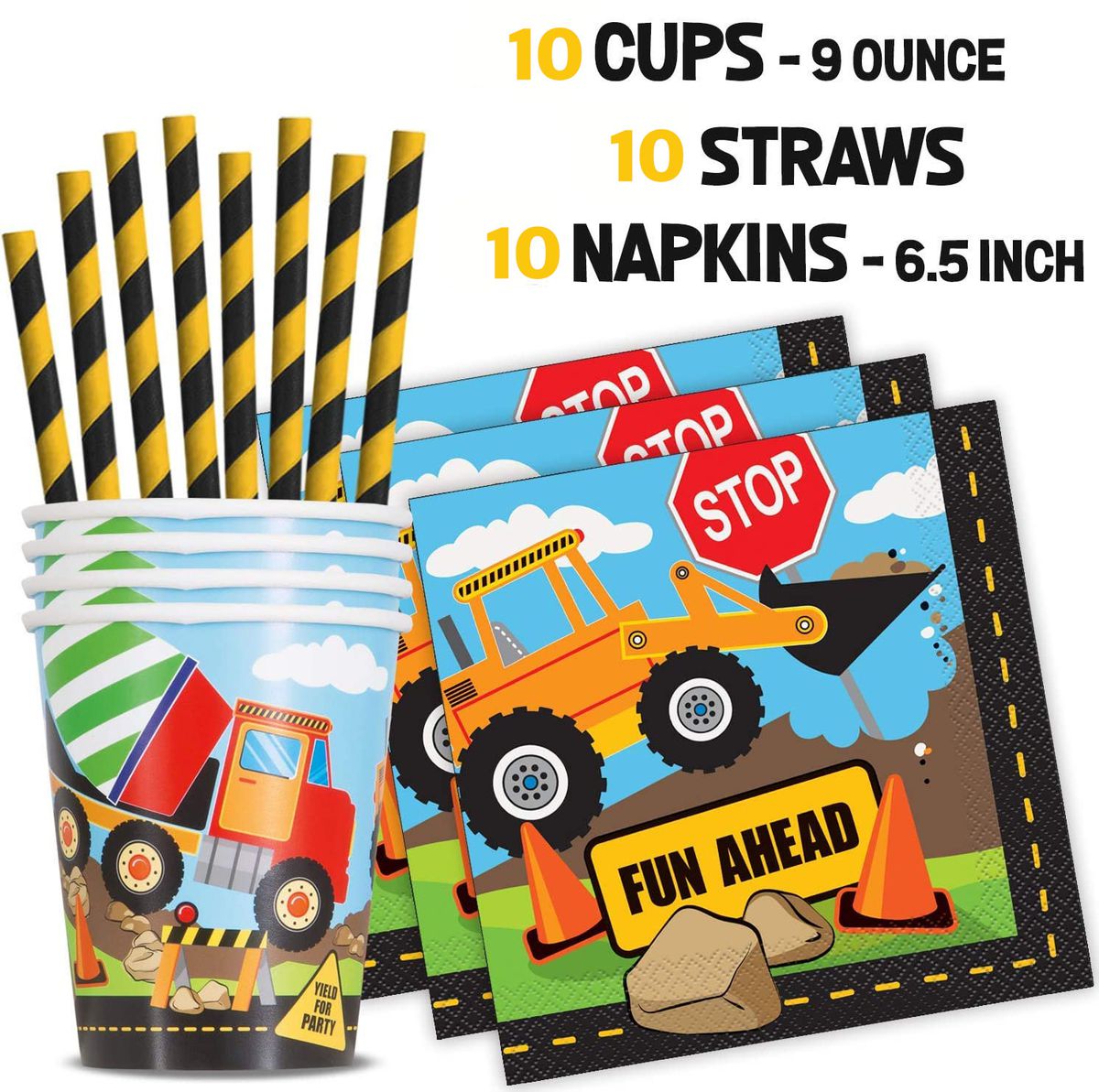 construction car birthday paper cups straws and serviettes 