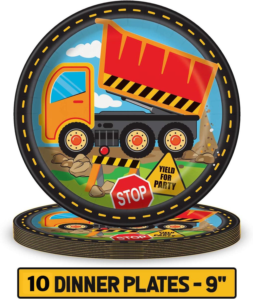 construction car birthday paper plates with construction vehicle and signs 