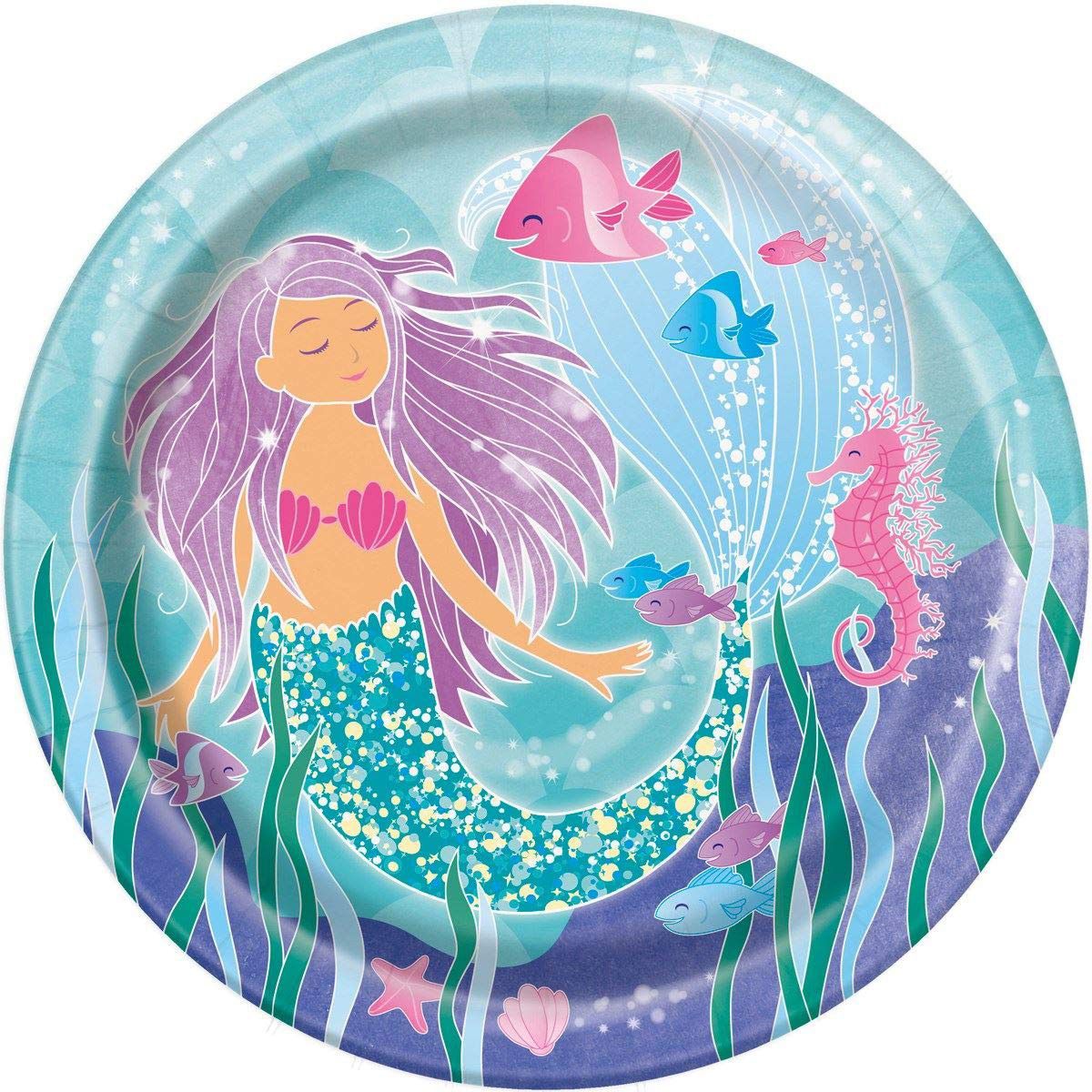 paper plates with mermaid fish and seahorse pink and blue 
