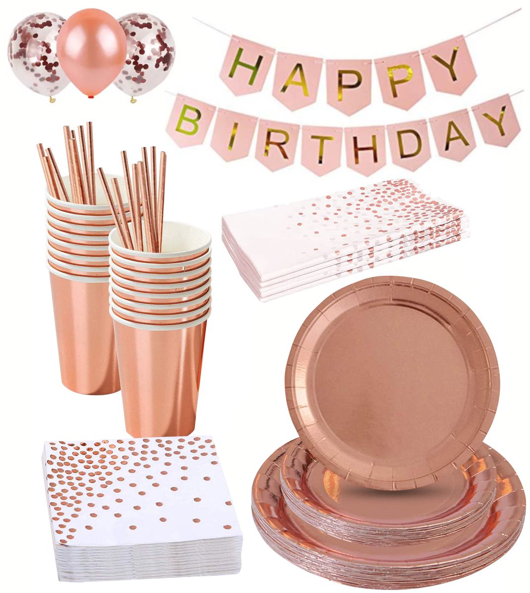 happy birthday rose gold bunting with paper plates and balloons on white background display 