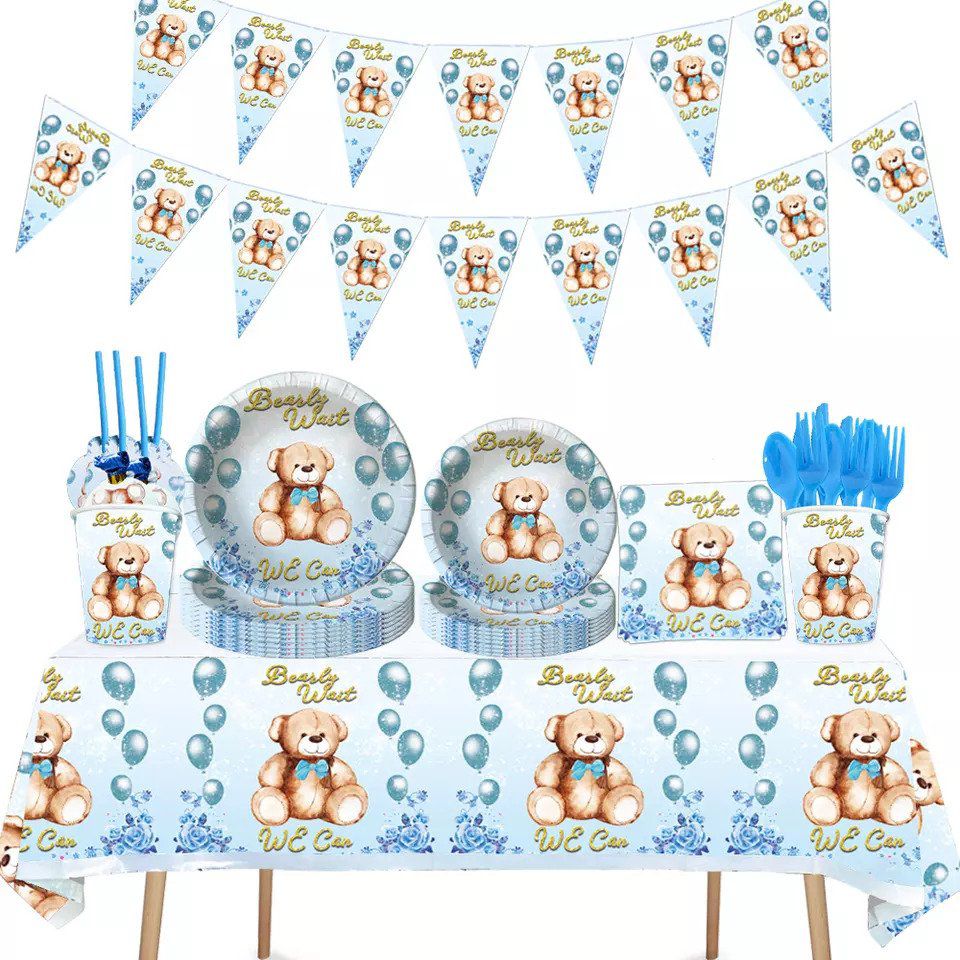 teddy bear table décor with banner and table cloth on white background display with paper plates