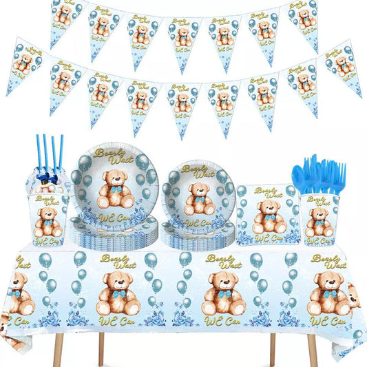 teddy bear table décor with banner and table cloth on white background display with paper plates