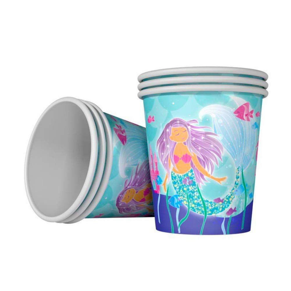 mermaid birthday party paper cups with mermaid on and pink fish 