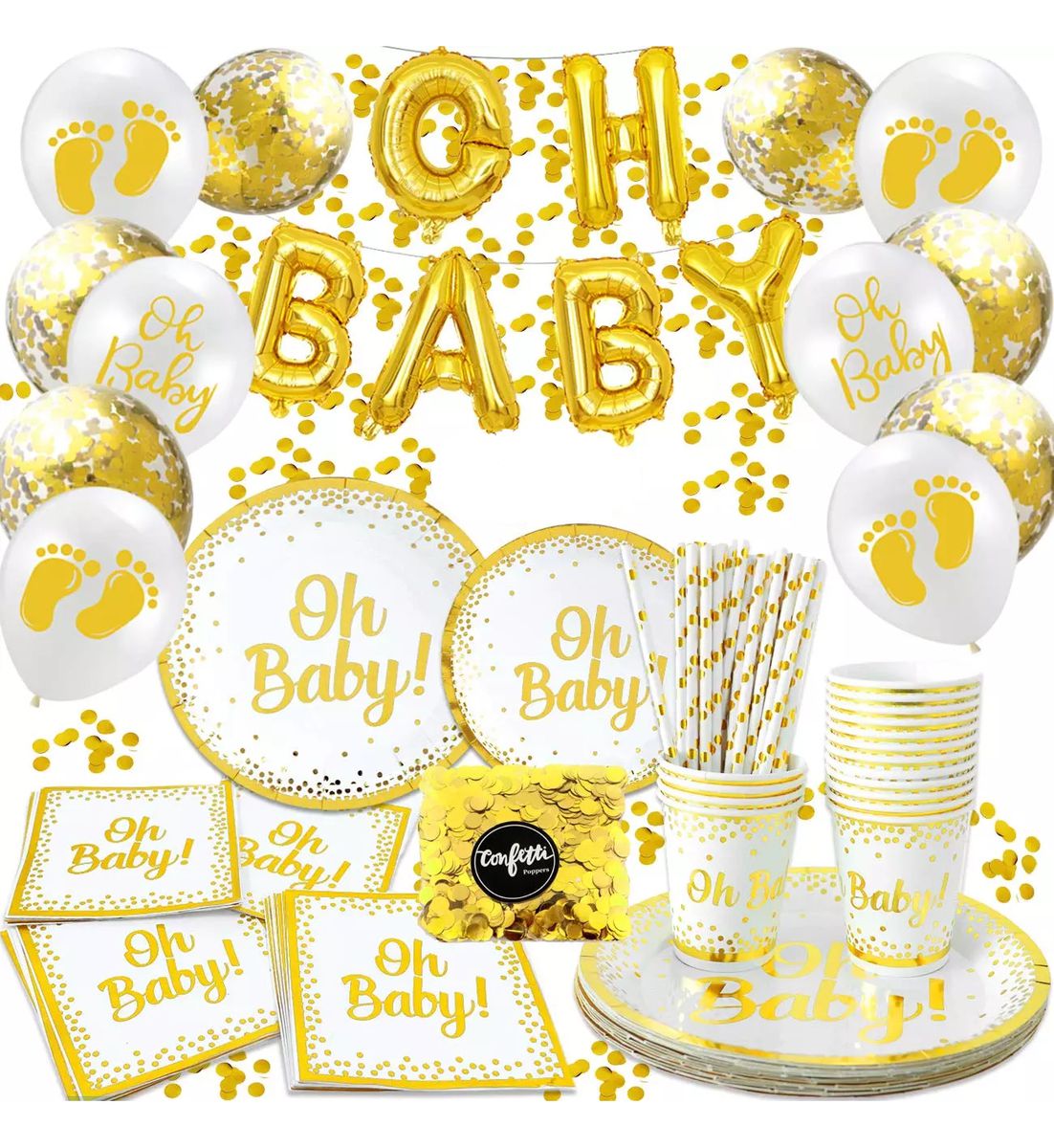 oh baby white and gold foil balloon and confetti balloons with paper plates and cups napkins 