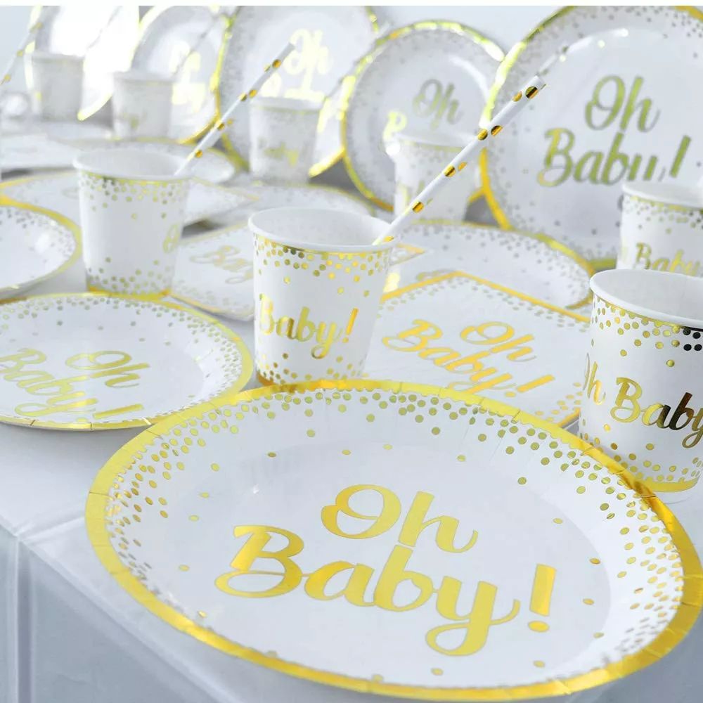 oh baby white and gold table décor paper plates and cups 