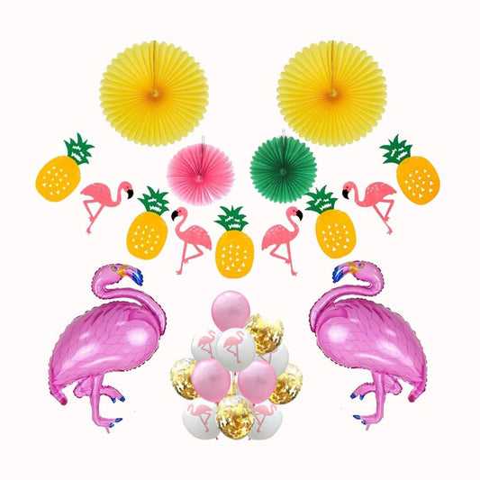 tropical flamingo with paper fans and pink white balloons and gold confetti balloons 