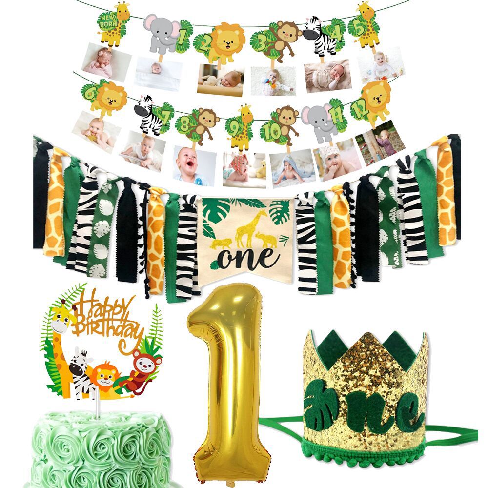 Wild one safari first birthday party kit with foil balloon crown plates and bunting